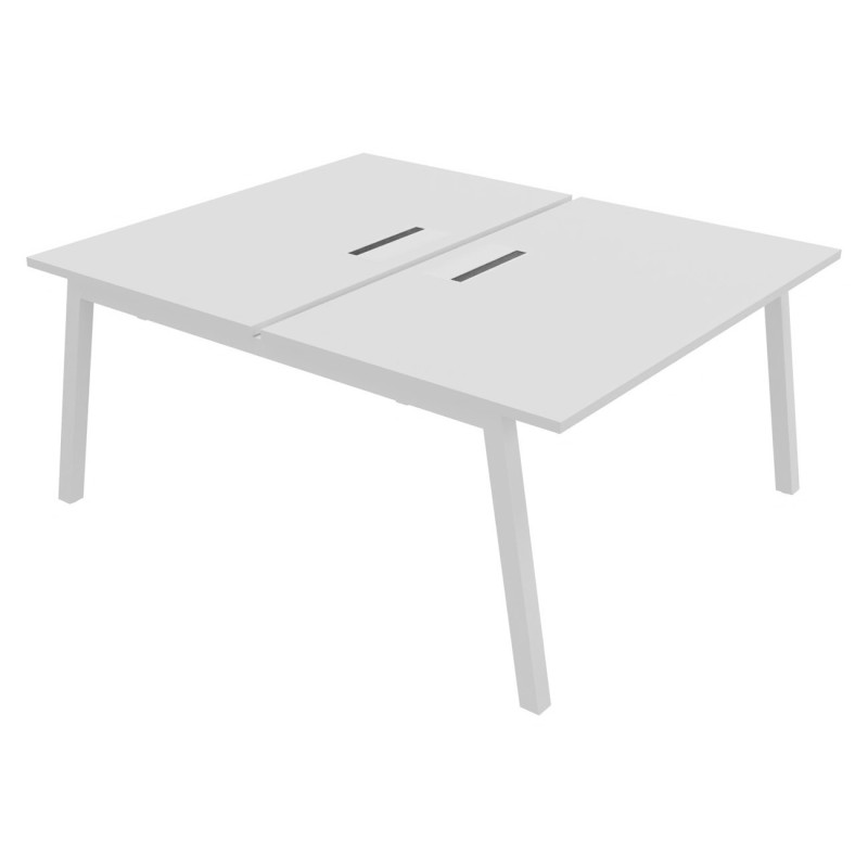Bureau droit partagé 2 postes Burocolor A avec trappe d'accès - Départ - L.140 x P.163 cm - Plateau Blanc - Pieds Blanc