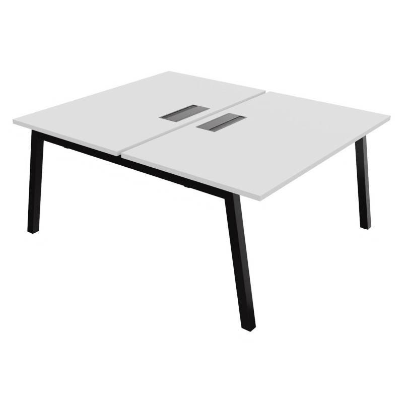 Bureau droit partagé 2 postes Burocolor A avec trappe d'accès - Départ - L.140 x P.163 cm - Plateau Blanc - Pieds Noir