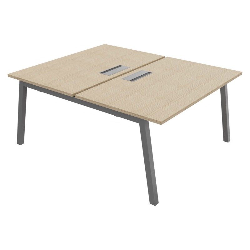 Bureau droit partagé 2 postes Burocolor A avec trappe d'accès - Départ - L.140 x P.163 cm - Plateau Chêne - Pieds Aluminium