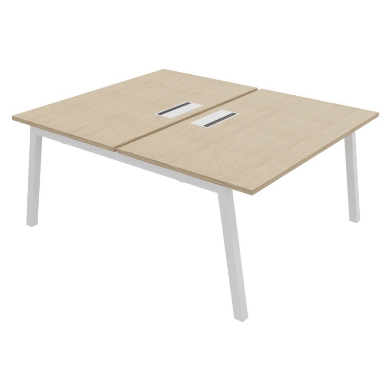 Bureau droit partagé 2 postes Burocolor A avec trappe d'accès - Départ - L.140 x P.163 cm - Plateau Chêne - Pieds Blanc