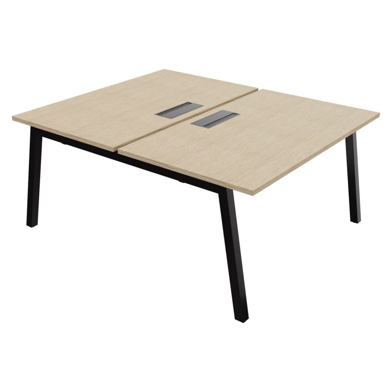 Bureau droit partagé 2 postes Burocolor A avec trappe d'accès - Départ - L.140 x P.163 cm - Plateau Chêne - Pieds Noir