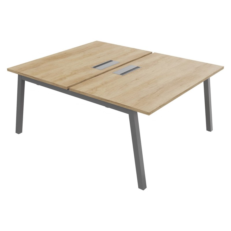 Bureau droit partagé 2 postes Burocolor A avec trappe d'accès - Départ - L.140 x P.163 cm - Plateau Chêne Nebraska - Pieds Aluminium