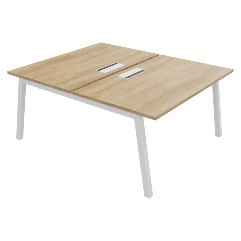 Bureau droit partagé 2 postes Burocolor A avec trappe d'accès - Départ - L.140 x P.163 cm - Plateau Chêne Nebraska - Pieds Blanc