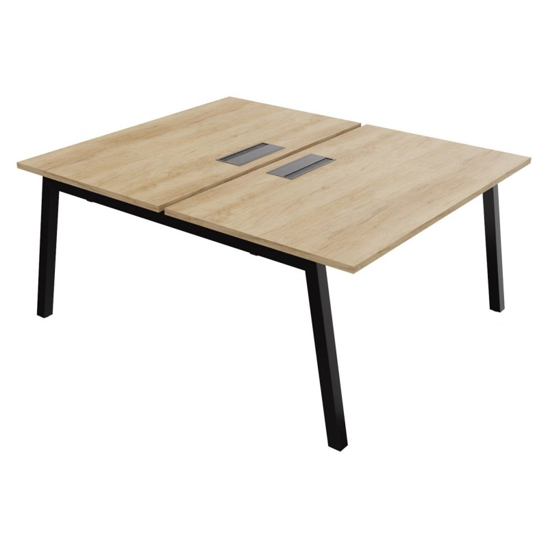 Bureau droit partagé 2 postes Burocolor A avec trappe d'accès - Départ - L.140 x P.163 cm - Plateau Chêne Nebraska - Pieds Noir