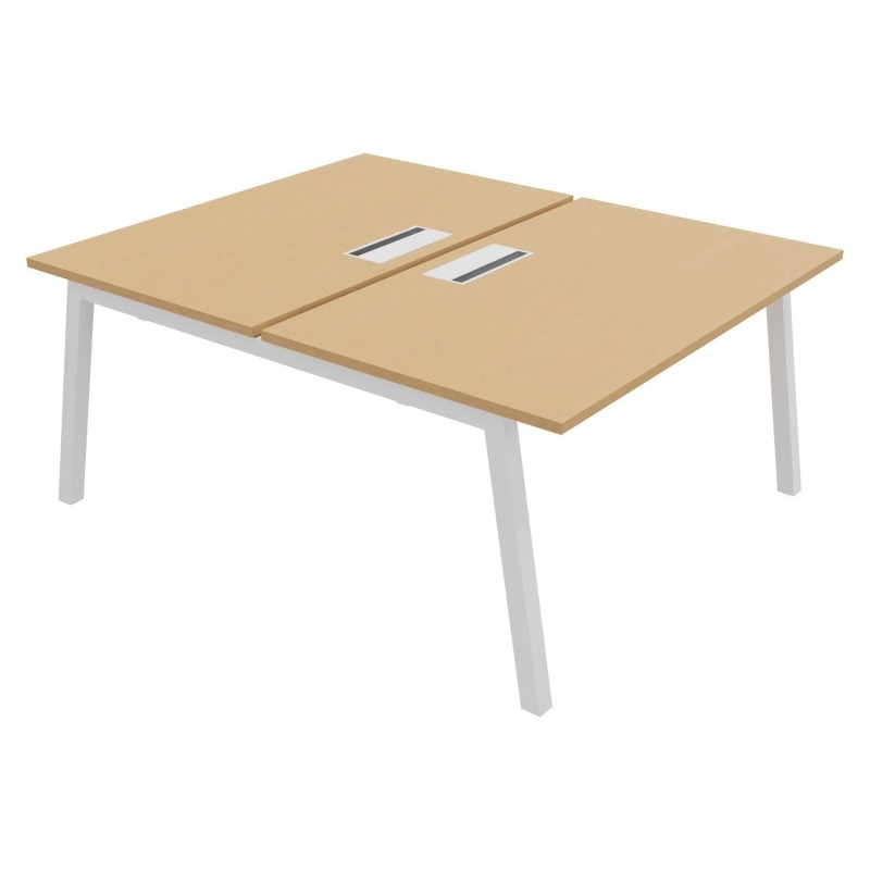 Bureau droit partagé 2 postes Burocolor A avec trappe d'accès - Départ - L.140 x P.163 cm - Plateau Hêtre - Pieds Blanc