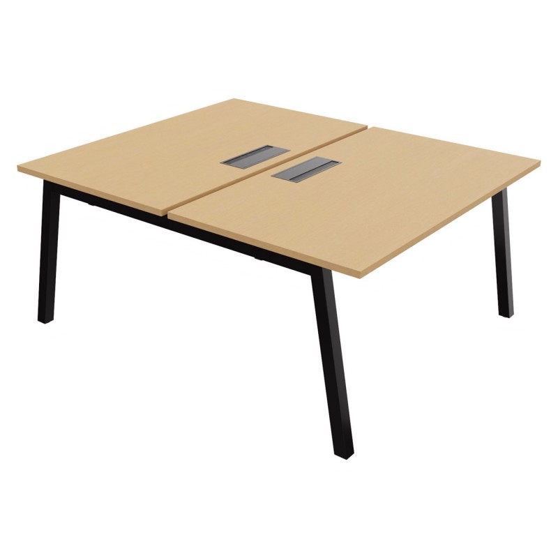 Bureau droit partagé 2 postes Burocolor A avec trappe d'accès - Départ - L.140 x P.163 cm - Plateau Hêtre - Pieds Noir