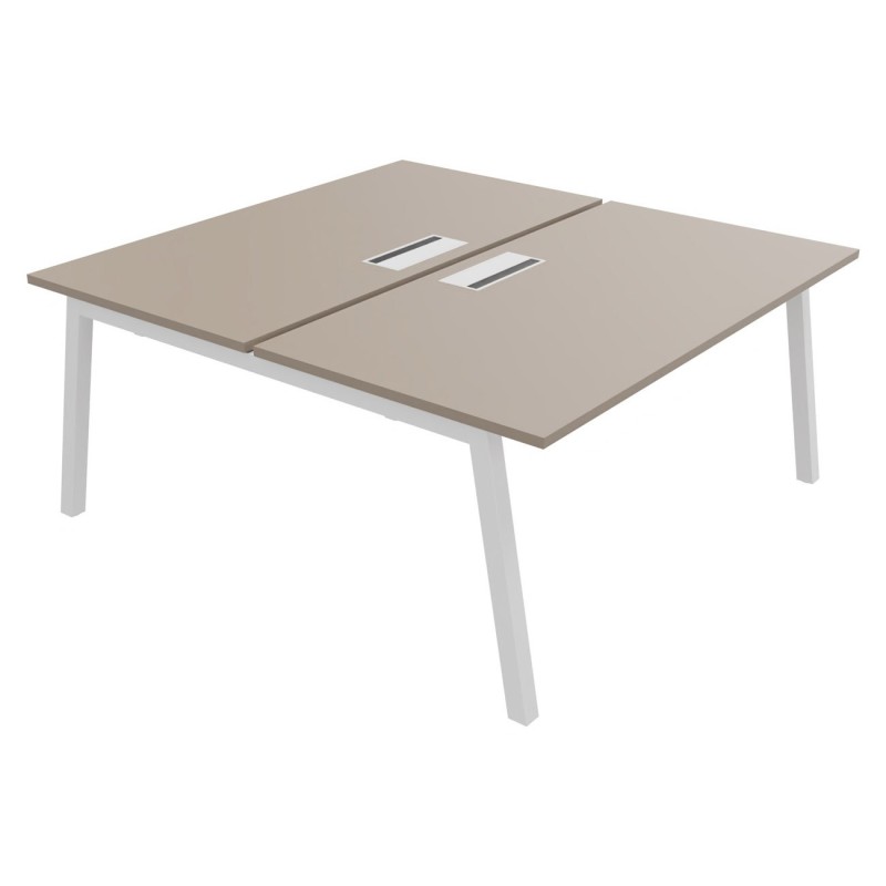 Bureau droit partagé 2 postes Burocolor A avec trappe d'accès - Départ - L.160 x P.163 cm - Plateau Argile - Pieds Blanc