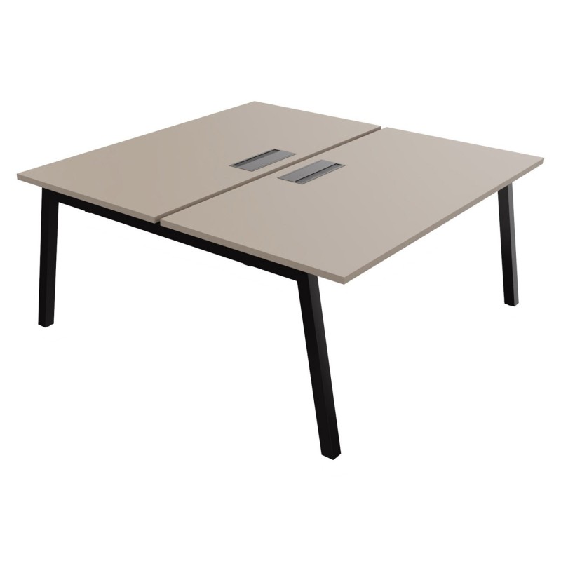 Bureau droit partagé 2 postes Burocolor A avec trappe d'accès - Départ - L.160 x P.163 cm - Plateau Argile - Pieds Noir