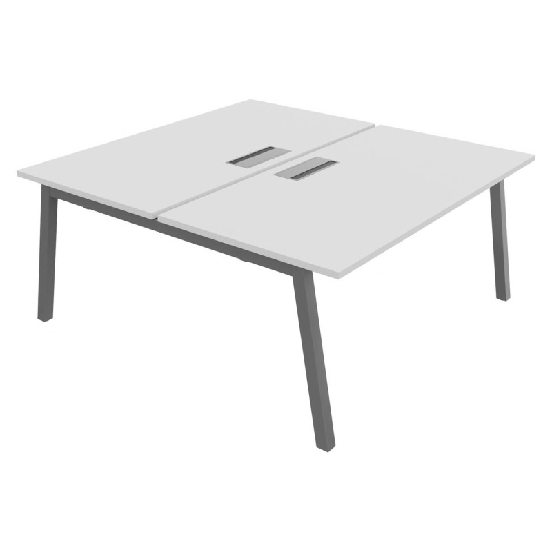 Bureau droit partagé 2 postes Burocolor A avec trappe d'accès - Départ - L.160 x P.163 cm - Plateau Blanc - Pieds Aluminium