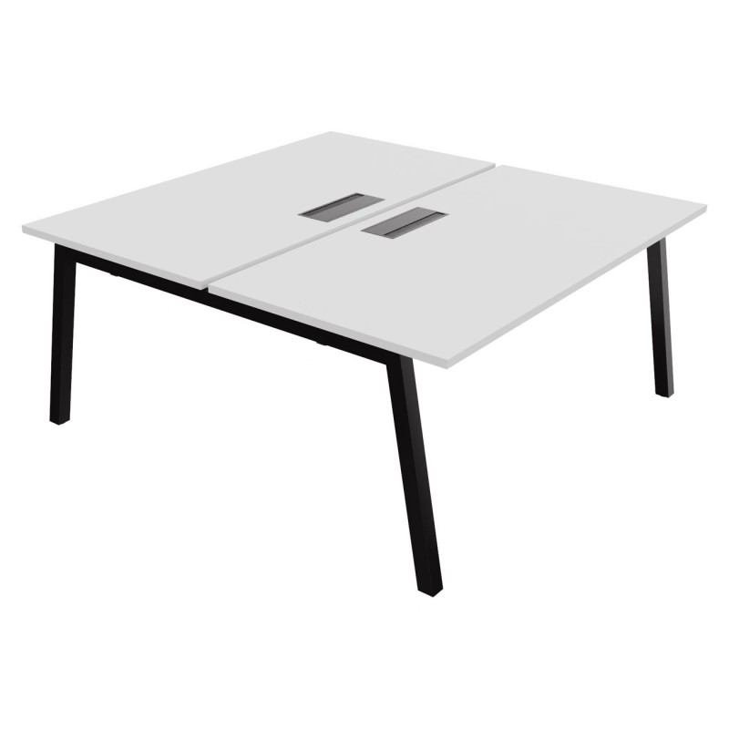 Bureau droit partagé 2 postes Burocolor A avec trappe d'accès - Départ - L.160 x P.163 cm - Plateau Blanc - Pieds Noir