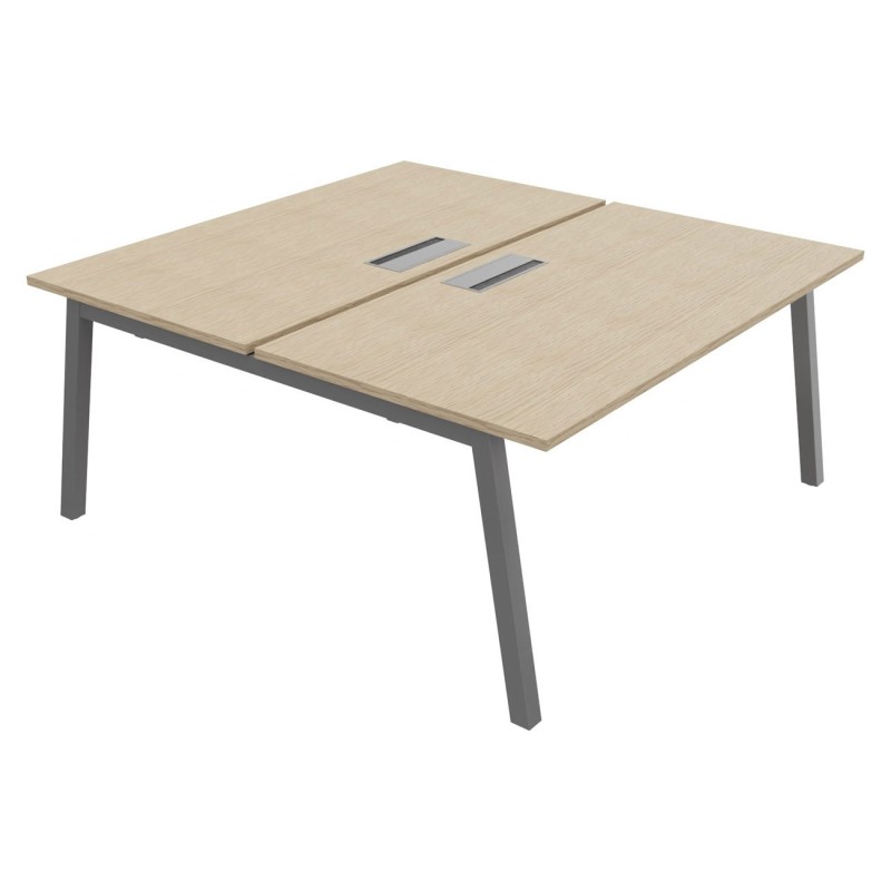 Bureau droit partagé 2 postes Burocolor A avec trappe d'accès - Départ - L.160 x P.163 cm - Plateau Chêne - Pieds Aluminium