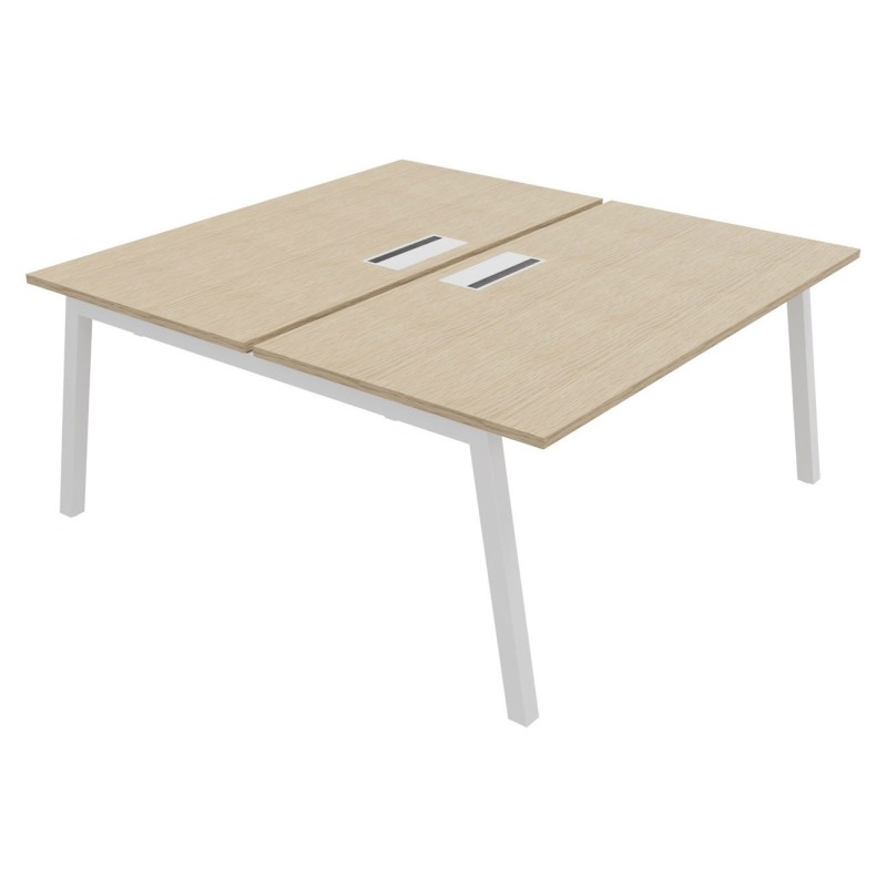 Bureau droit partagé 2 postes Burocolor A avec trappe d'accès - Départ - L.160 x P.163 cm - Plateau Chêne - Pieds Blanc