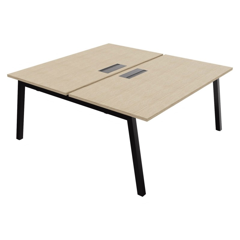 Bureau droit partagé 2 postes Burocolor A avec trappe d'accès - Départ - L.160 x P.163 cm - Plateau Chêne - Pieds Noir
