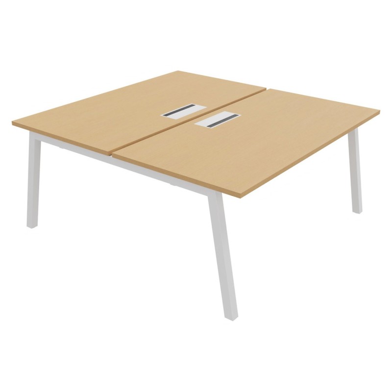 Bureau droit partagé 2 postes Burocolor A avec trappe d'accès - Départ - L.160 x P.163 cm - Plateau Hêtre - Pieds Blanc