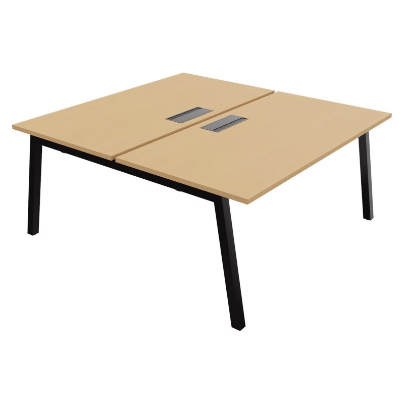 Bureau droit partagé 2 postes Burocolor A avec trappe d'accès - Départ - L.160 x P.163 cm - Plateau Hêtre - Pieds Noir