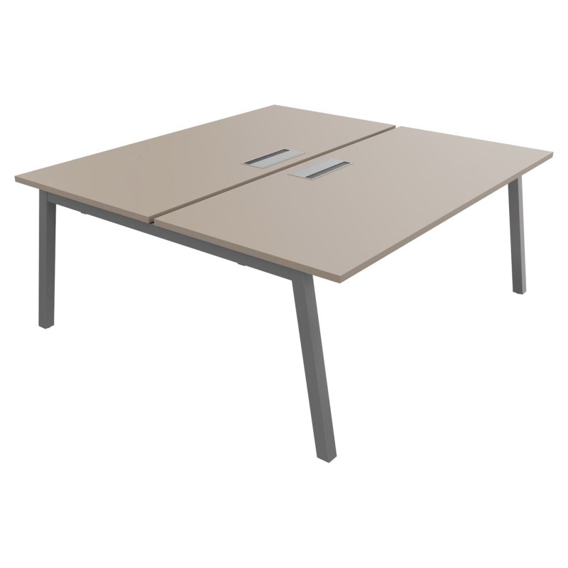 Bureau droit partagé 2 postes Burocolor A avec trappe d'accès - Départ - L.180 x P.163 cm - Plateau Argile - Pieds Aluminium