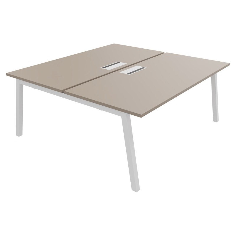 Bureau droit partagé 2 postes Burocolor A avec trappe d'accès - Départ - L.180 x P.163 cm - Plateau Argile - Pieds Blanc