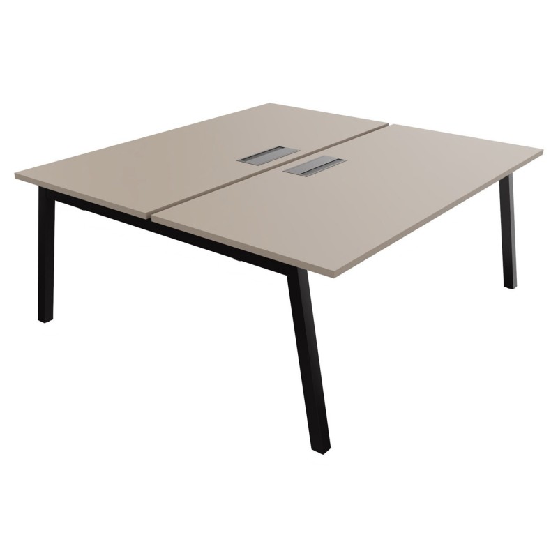 Bureau droit partagé 2 postes Burocolor A avec trappe d'accès - Départ - L.180 x P.163 cm - Plateau Argile - Pieds Noir