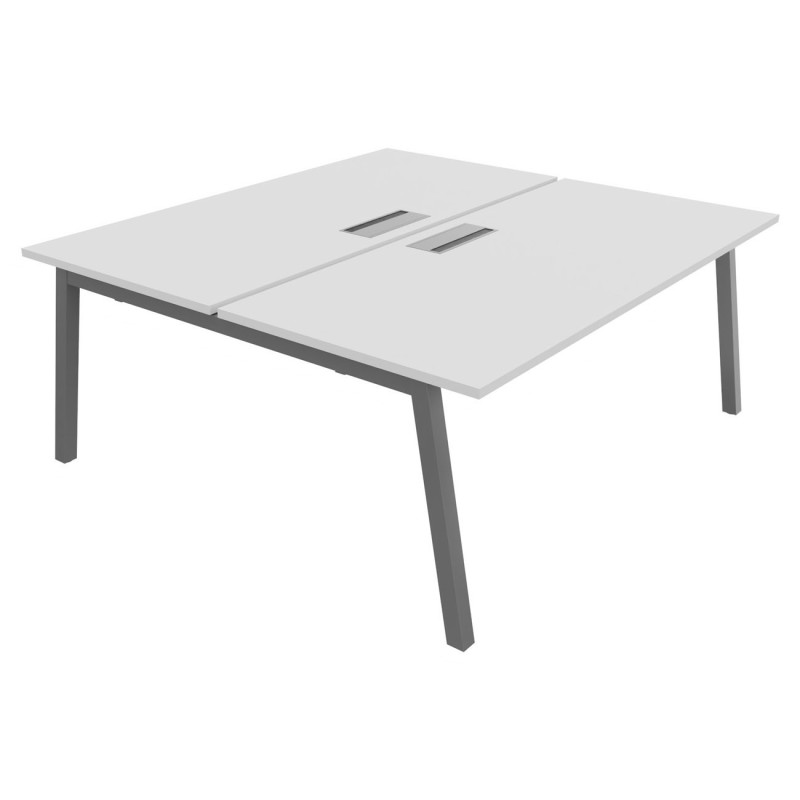 Bureau droit partagé 2 postes Burocolor A avec trappe d'accès - Départ - L.180 x P.163 cm - Plateau Blanc - Pieds Aluminium
