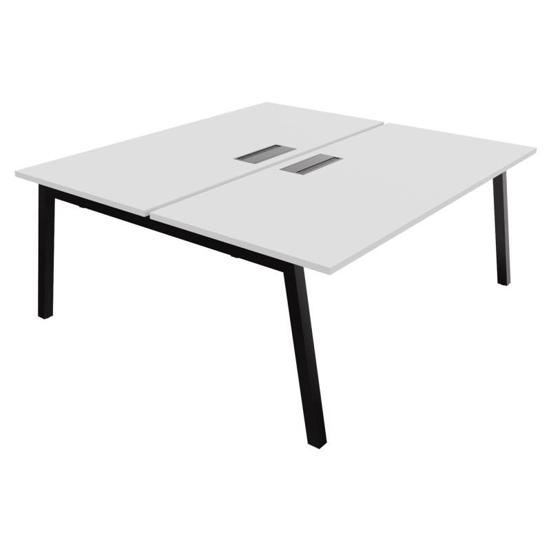 Bureau droit partagé 2 postes Burocolor A avec trappe d'accès - Départ - L.180 x P.163 cm - Plateau Blanc - Pieds Noir