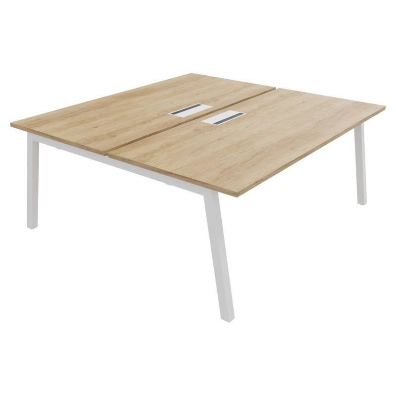 Bureau droit partagé 2 postes Burocolor A avec trappe d'accès - Départ - L.180 x P.163 cm - Plateau Chêne Nebraska - Pieds Blanc