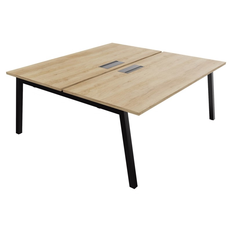 Bureau droit partagé 2 postes Burocolor A avec trappe d'accès - Départ - L.180 x P.163 cm - Plateau Chêne Nebraska - Pieds Noir