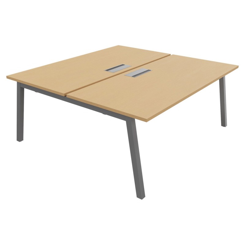Bureau droit partagé 2 postes Burocolor A avec trappe d'accès - Départ - L.180 x P.163 cm - Plateau Hêtre - Pieds Aluminium