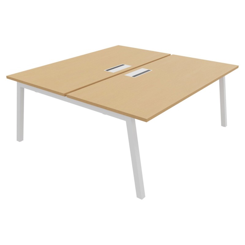 Bureau droit partagé 2 postes Burocolor A avec trappe d'accès - Départ - L.180 x P.163 cm - Plateau Hêtre - Pieds Blanc