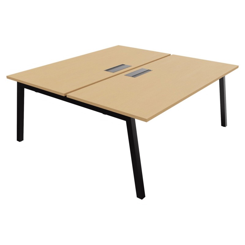 Bureau droit partagé 2 postes Burocolor A avec trappe d'accès - Départ - L.180 x P.163 cm - Plateau Hêtre - Pieds Noir