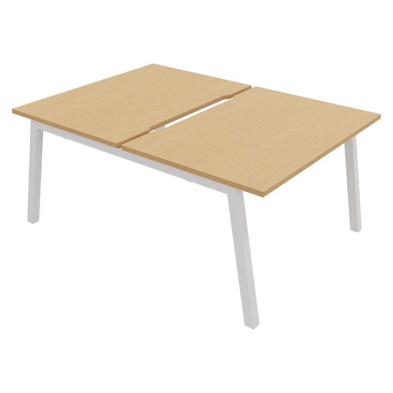 Bureau droit partagé 2 postes Burocolor A échancré - Départ - L.120 x P.163 cm - Plateau Hêtre - Pieds Blanc