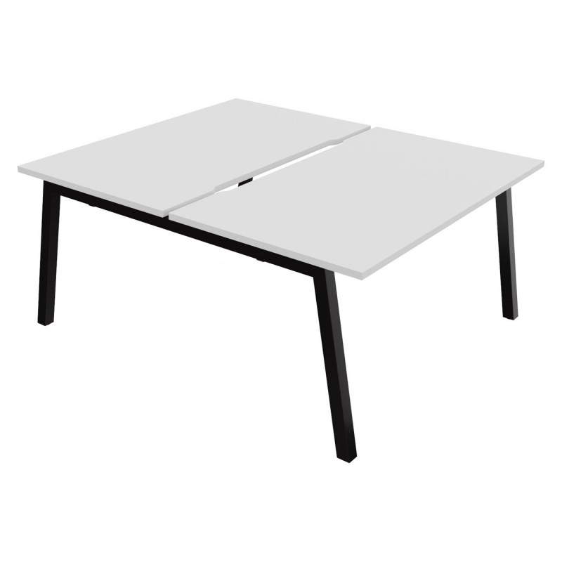 Bureau droit partagé 2 postes Burocolor A échancré - Départ - L.140 x P.163 cm - Plateau Blanc - Pieds Noir