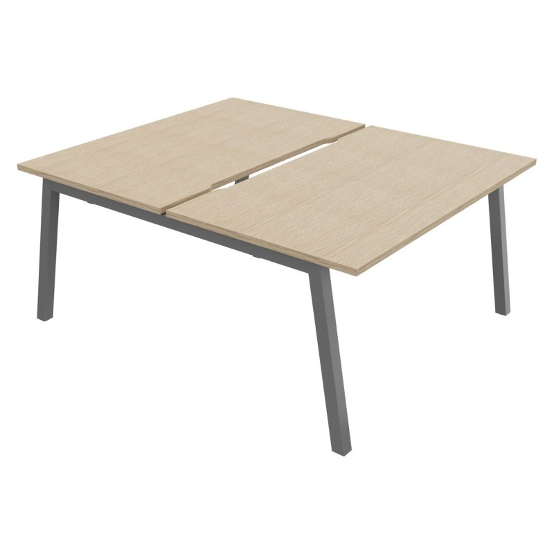Bureau droit partagé 2 postes Burocolor A échancré - Départ - L.140 x P.163 cm - Plateau Chêne - Pieds Aluminium
