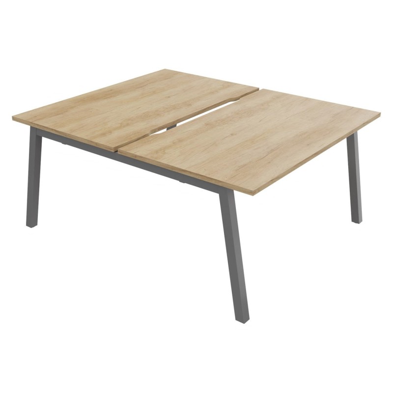Bureau droit partagé 2 postes Burocolor A échancré - Départ - L.140 x P.163 cm - Plateau Chêne Nebraska - Pieds Aluminium