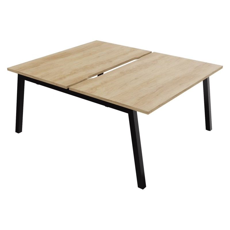 Bureau droit partagé 2 postes Burocolor A échancré - Départ - L.140 x P.163 cm - Plateau Chêne Nebraska - Pieds Noir