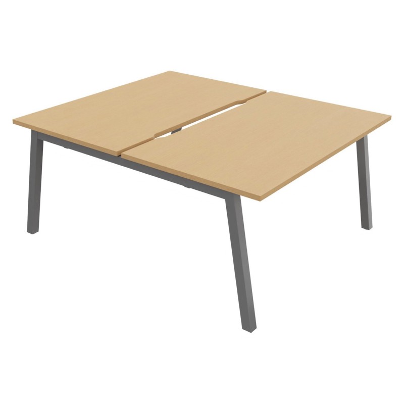 Bureau droit partagé 2 postes Burocolor A échancré - Départ - L.140 x P.163 cm - Plateau Hêtre - Pieds Aluminium