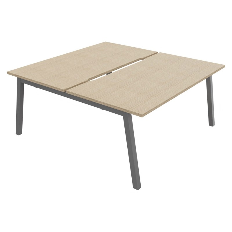 Bureau droit partagé 2 postes Burocolor A échancré - Départ - L.160 x P.163 cm - Plateau Chêne - Pieds Aluminium