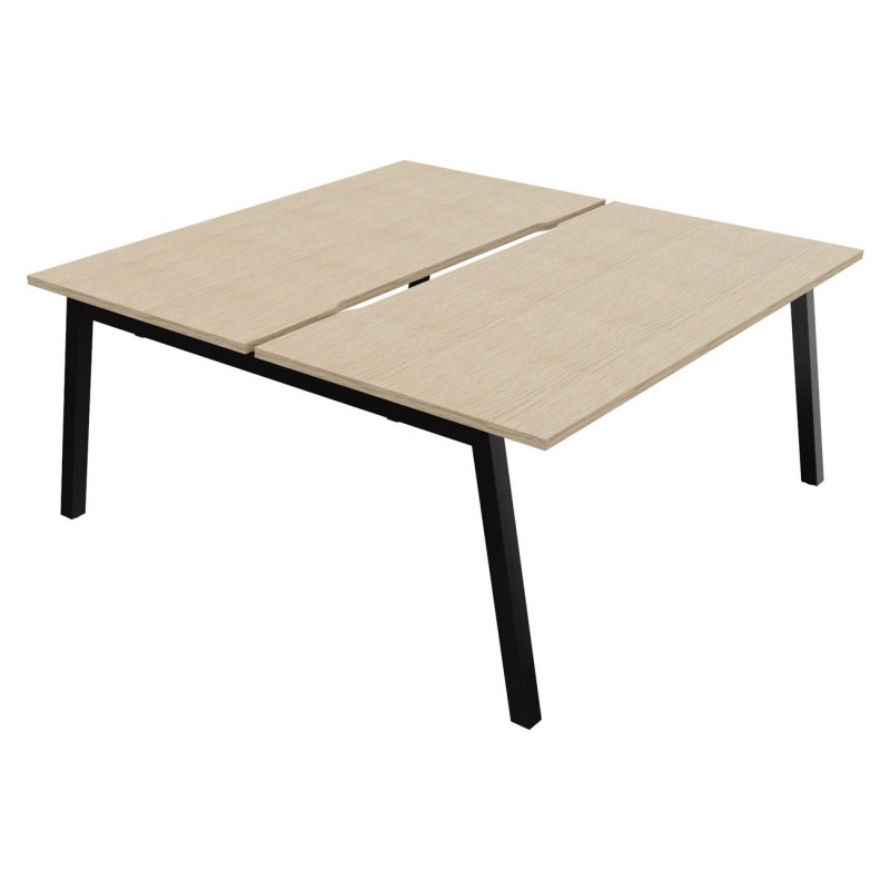 Bureau droit partagé 2 postes Burocolor A échancré - Départ - L.160 x P.163 cm - Plateau Chêne - Pieds Noir