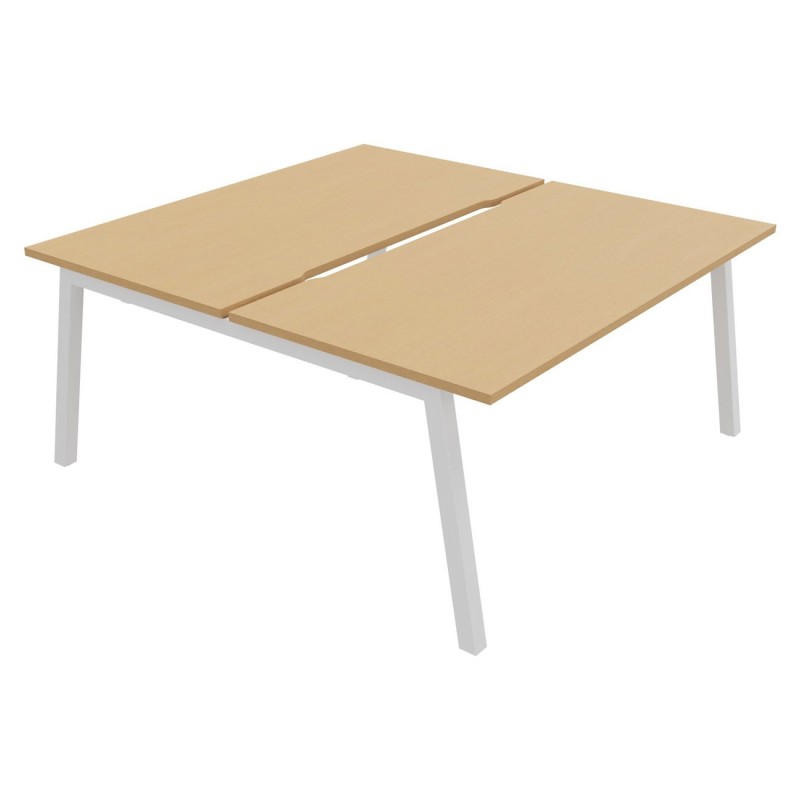 Bureau droit partagé 2 postes Burocolor A échancré - Départ - L.160 x P.163 cm - Plateau Hêtre - Pieds Blanc