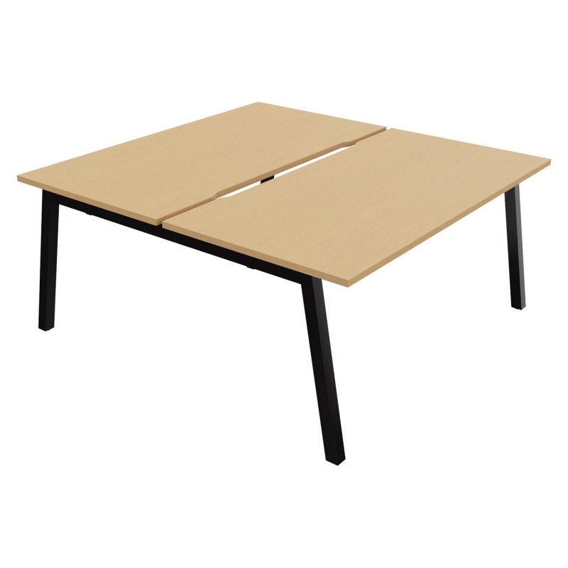 Bureau droit partagé 2 postes Burocolor A échancré - Départ - L.160 x P.163 cm - Plateau Hêtre - Pieds Noir