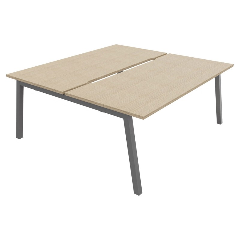 Bureau droit partagé 2 postes Burocolor A échancré - Départ - L.180 x P.163 cm - Plateau Chêne - Pieds Aluminium