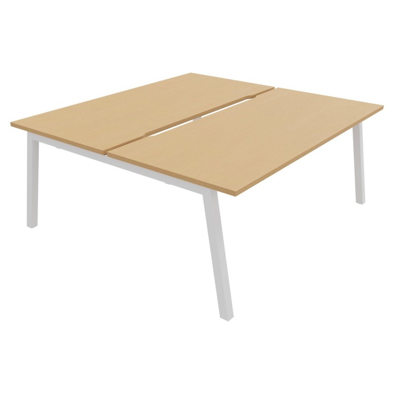 Bureau droit partagé 2 postes Burocolor A échancré - Départ - L.180 x P.163 cm - Plateau Hêtre - Pieds Blanc