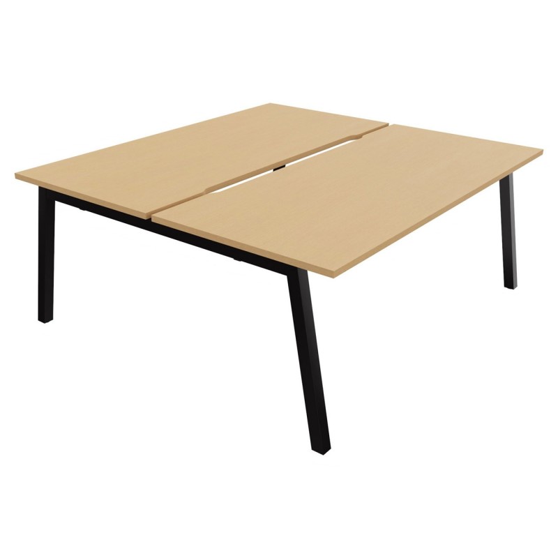 Bureau droit partagé 2 postes Burocolor A échancré - Départ - L.180 x P.163 cm - Plateau Hêtre - Pieds Noir