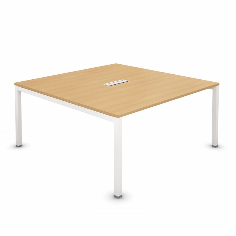 Bureau manager Burocolor L.140 x P.143 cm plateau avec trappe d'accès Hêtre - pieds métal Blanc