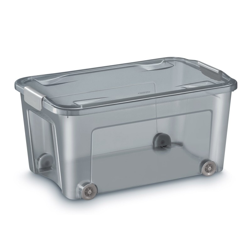 Cep Boîte de rangement à roulettes avec couvercle et poignées clips - Polypropylène - 43 Litres - Gris translucide
