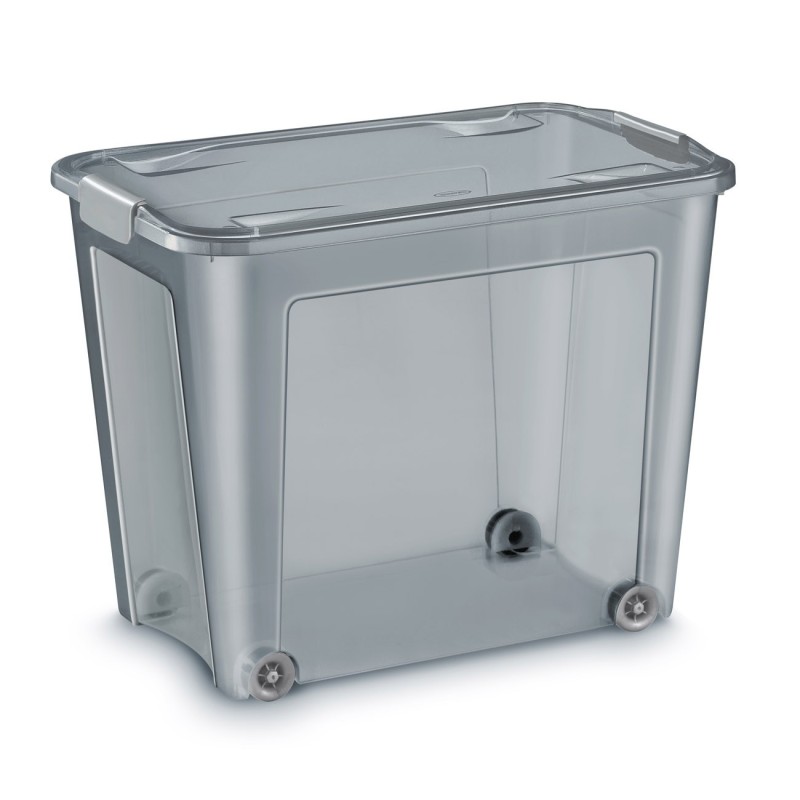 Cep Boîte de rangement à roulettes avec couvercle et poignées clips - Polypropylène - 67 Litres - Gris translucide