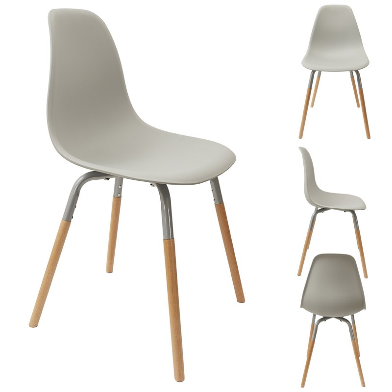 Chaise coque Greta en polypropylène - Gris / Pieds bois brut