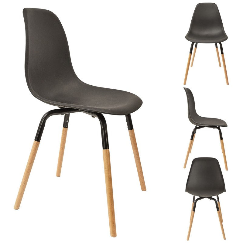 Chaise coque Greta en polypropylène - Noir / Pieds bois brut