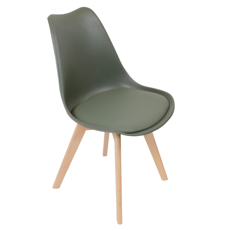 Chaise coque Thelma avec coussin - Kaki / Pieds bois brut
