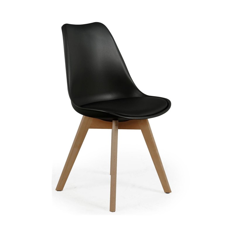 Chaise coque Thelma avec coussin - Noir / Pieds bois brut