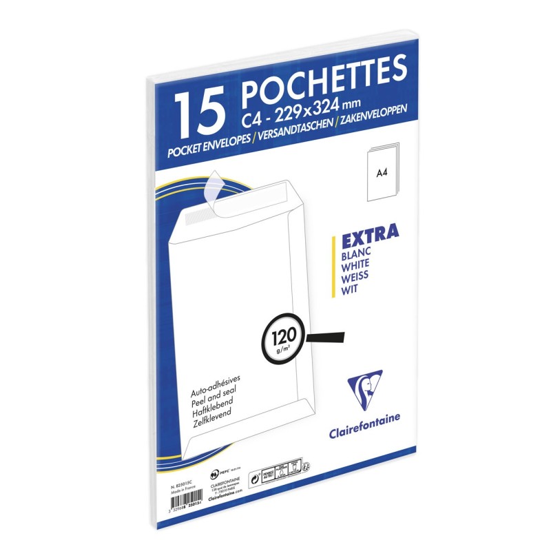 Clairefontaine Pochette blanche recyclée C4 229 x 324 mm 120g sans fenêtre - Autocollante avec bande protectrice - Lot de 15